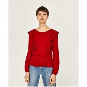 Zara Red Ruffle Frilled Long Sleeves Top Blouse XS